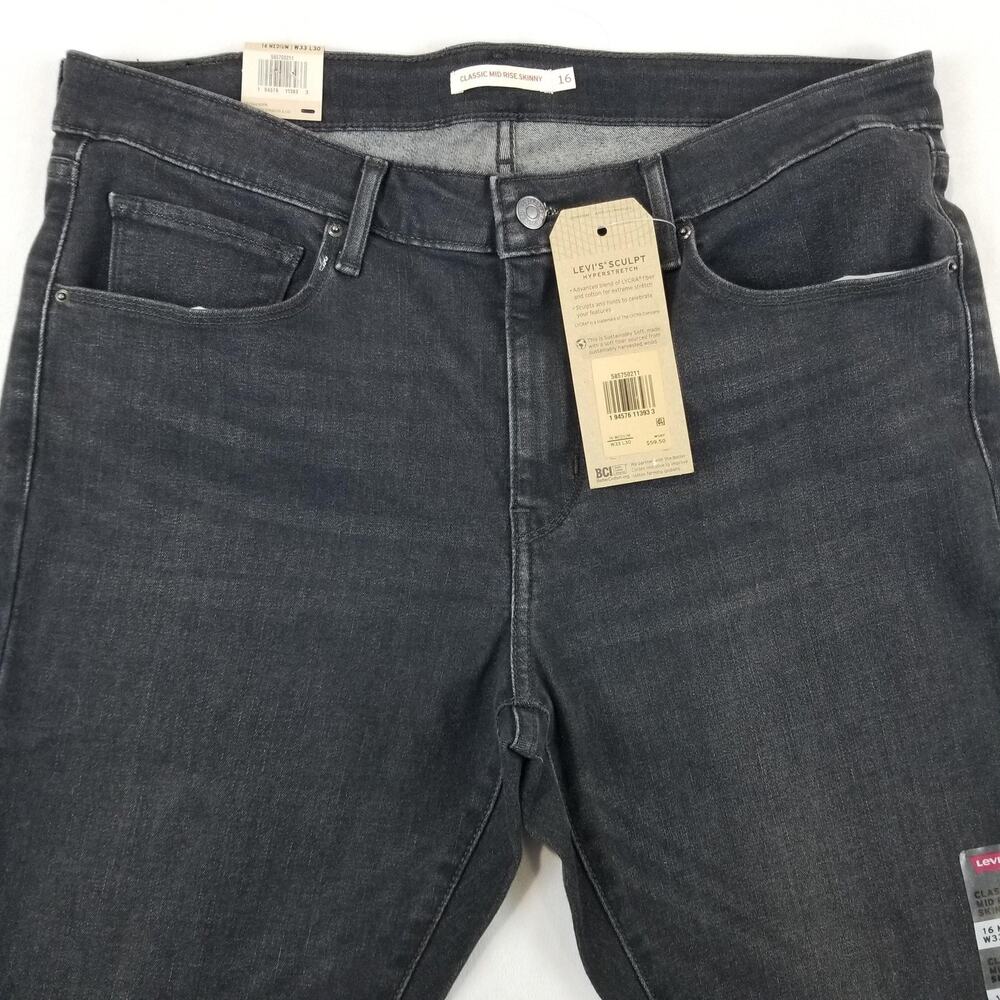 Levis Mid Rise Skinny Jeans Womens 16 Black Stretch Sculpt W33 L30 NWT Pants - Picture 4 of 16